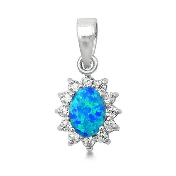 Vintage Sun Burst Pendant Blue Simulated Opal .925 Sterling Silver Oval Charm