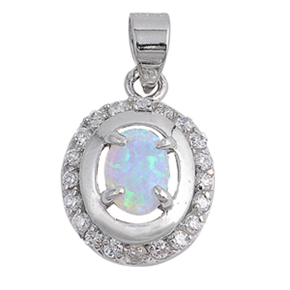 Studded Suspended Oval Pendant Blue Simulated Opal .925 Sterling Silver Charm