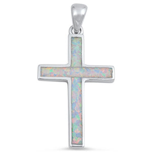 Long Narrow Cross Pendant White Simulated Opal .925 Sterling Silver Charm