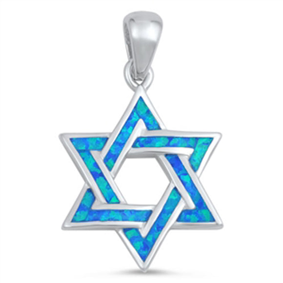 Star of David Pendant Blue Simulated Opal .925 Sterling Silver Religious Charm