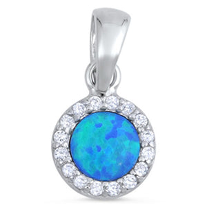 Studded Halo Circle Pendant Blue Simulated Opal .925 Sterling Silver Tiny Charm