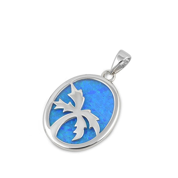 Sterling Silver Blue Synthetic Opal Palm Tree Pendant Tropical Nature Charm 925