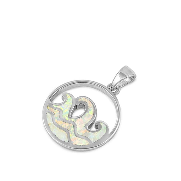 Sterling Silver White Synthetic Opal Ocean Wave Pendant Sea Beach Cutout Charm