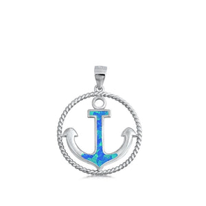 Sterling Silver Blue Synthetic Opal Anchor Pendant Rope Halo Nautical Charm 925