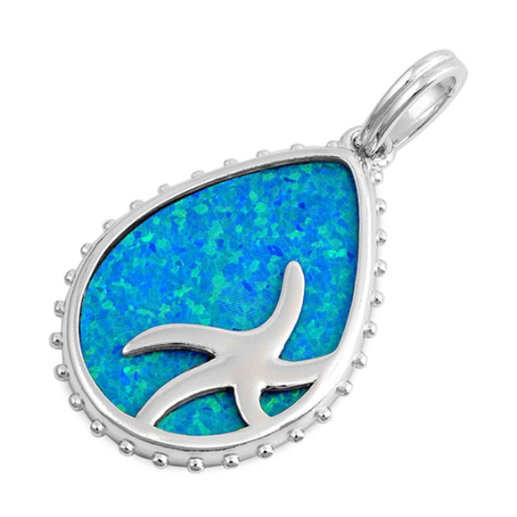 Sterling Silver Blue Synthetic Opal Starfish Pendant Sea Star Ocean Charm 925