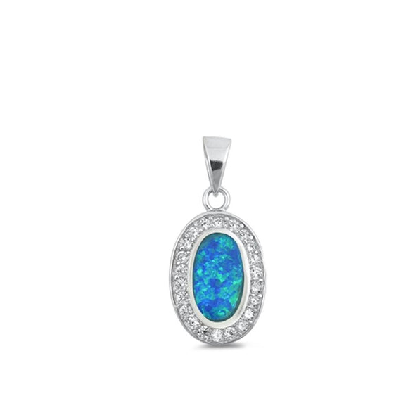 Sterling Silver Blue Synthetic Opal Oval Pendant Victorian Halo Charm 925 New