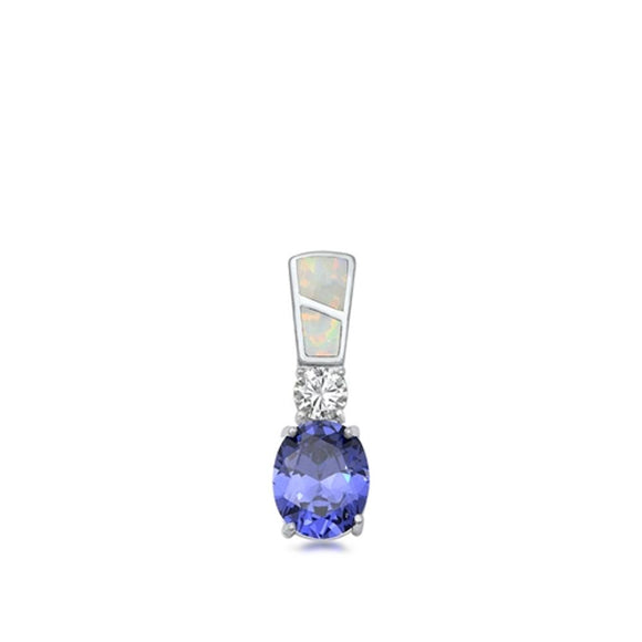 Sterling Silver White Synthetic Opal Tanzanite CZ Statement Pendant Charm 925