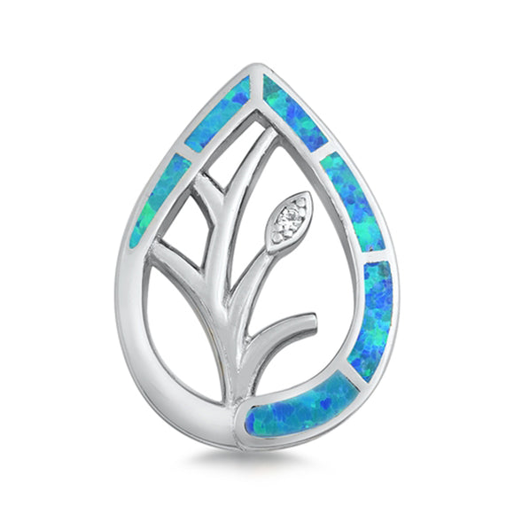 Sterling Silver Blue Synthetic Opal Leaf Pendant Classic Branch Charm 925 New