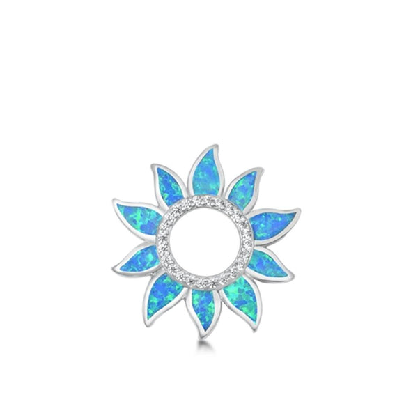 Sterling Silver Blue Synthetic Opal Clear CZ Sunflower Pendant Sun Charm 925 New