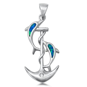 Sterling Silver Blue Synthetic Opal Dolphin Anchor Pendant Swim Nautical Charm