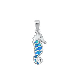 Sterling Silver Blue Synthetic Opal Seahorse Pendant Ocean Swim Charm 925 New