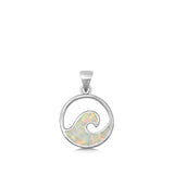 Sterling Silver White Synthetic Opal Ocean Wave Pendant Round Circle Charm 925