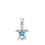 Sterling Silver Blue Synthetic Opal Turtle Pendant Plumeria Flower Island Charm