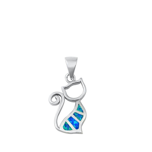 Sterling Silver Blue Synthetic Opal Cat Pendant Mosaic Animal Swirl Charm 925