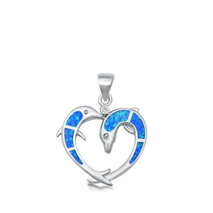 Sterling Silver Blue Synthetic Opal Dolphin Pendant Promise Heart Love Charm 925