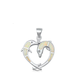 Sterling Silver White Synthetic Opal Heart Dolphin Pendant Couple Love Charm 925