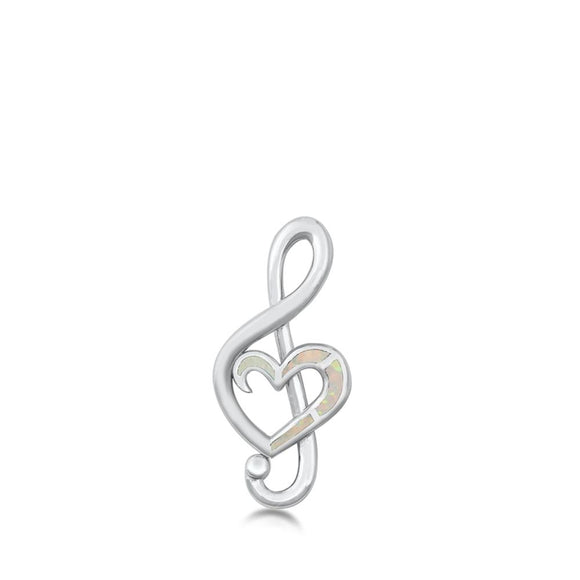 Sterling Silver White Synthetic Opal Heart Music Note Pendant Treble Clef Charm