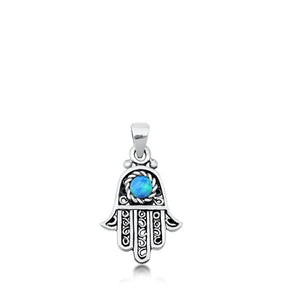 Sterling Silver Cute Blue Synthetic Opal Ornate Bali Hamsa Pendant Charm 925 New