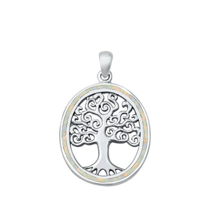 Sterling Silver White Synthetic Opal Tree of Life Pendant Oval Medallion Charm