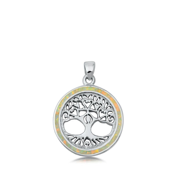 Sterling Silver White Synthetic Opal Tree of Life Pendant Branch Heart Charm 925