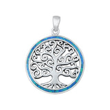 Sterling Silver Blue Synthetic Opal Tree of Life Medallion Pendant Curl Charm