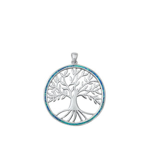 Sterling Silver Blue Synthetic Opal Tree of Life Pendant Medallion Branch Charm