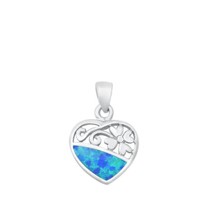 Sterling Silver Cute Blue Synthetic Opal Flower Heart Pendant Promise Love Charm