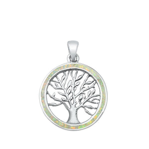 Sterling Silver White Synthetic Opal Tree of Life Pendant Leaf Branch Charm 925