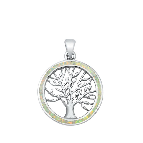 Sterling Silver White Synthetic Opal Tree of Life Pendant Leaf Branch Charm 925