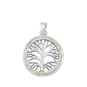 Sterling Silver White Synthetic Opal Tree of Life Medallion Pendant Mosaic Charm