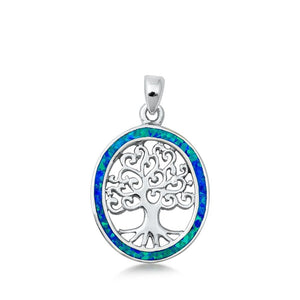 Sterling Silver Oval Blue Synthetic Opal Tree of Life Pendant Oak Swirl Charm