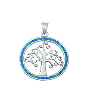 Sterling Silver Blue Synthetic Opal Swirl Tree of Life Pendant Elegant Charm 925