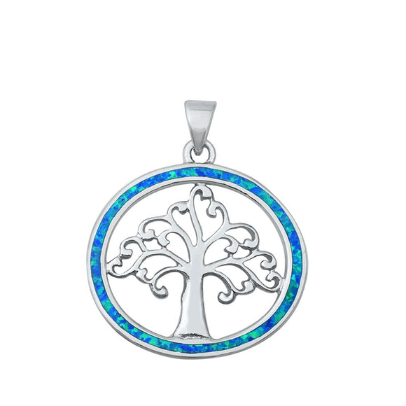 Sterling Silver Blue Synthetic Opal Swirl Tree of Life Pendant Elegant Charm 925