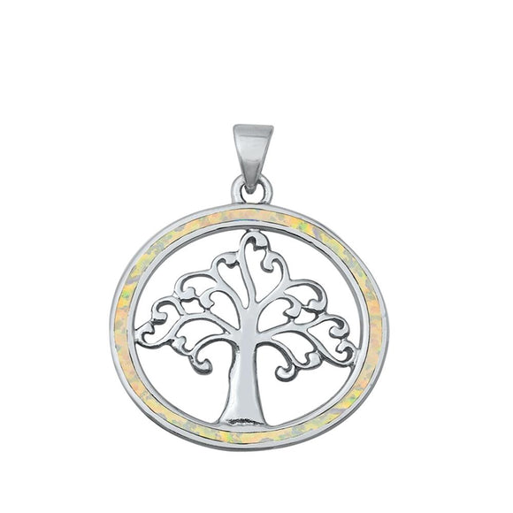 Sterling Silver White Synthetic Opal Tree of Life Pendant Curly Branch Charm 925