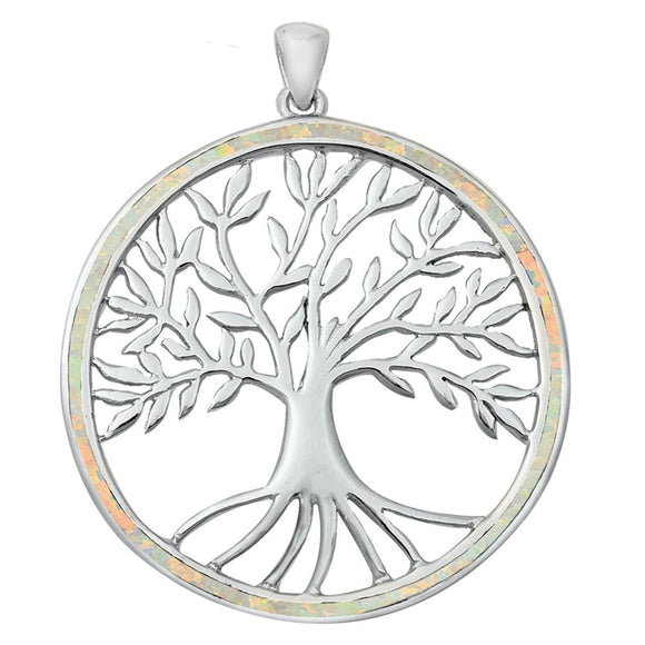 Sterling Silver Tree of Life White Synthetic Opal Hoop Pendant Classic Charm 925