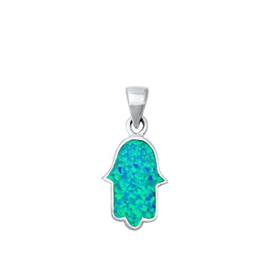 Sterling Silver Blue Synthetic Opal Hamsa Pendant Hand of God Minimalist Charm