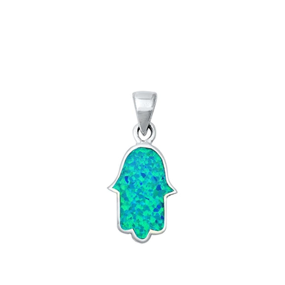 Sterling Silver Blue Synthetic Opal Hamsa Pendant Hand of God Minimalist Charm