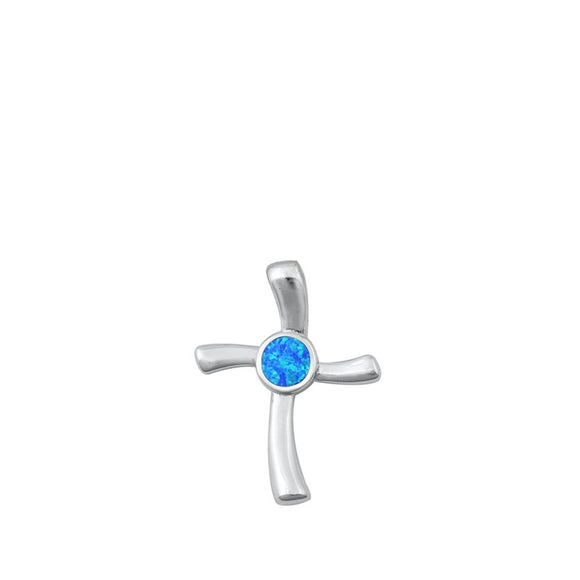 Sterling Silver Blue Synthetic Opal Wavy Cross Pendant Modern Funky Unique Charm