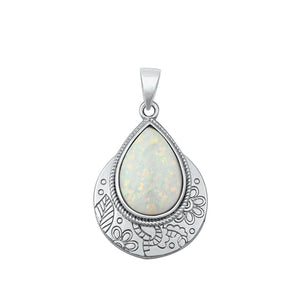 Sterling Silver White Synthetic Opal Etched Boho Drop Pendant Rope Halo Charm