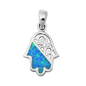 Sterling Silver Light Blue Synthetic Opal Hamsa Pendant Hand of God Mosaic Charm