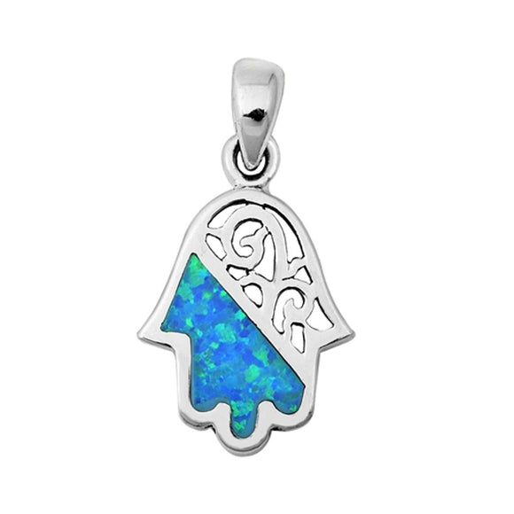 Sterling Silver Light Blue Synthetic Opal Hamsa Pendant Hand of God Mosaic Charm