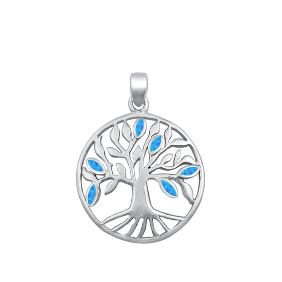 Sterling Silver Blue Synthetic Opal Tree of Life Pendant Leaf Branch Charm 925