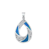 Sterling Silver Blue Synthetic Opal Spiral Clear CZ Teardrop Pendant Open Charm