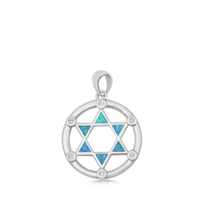 Sterling Silver Blue Synthetic Opal Jewish Star of David Pendant Hoop Charm 925