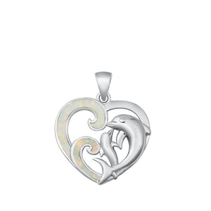 Sterling Silver White Synthetic Opal Dolphin Pendant Animal Heart Love Charm 925