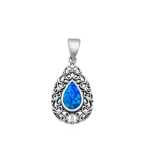 Sterling Silver Blue Synthetic Opal Victorian Style Teardrop Pendant Charm 925