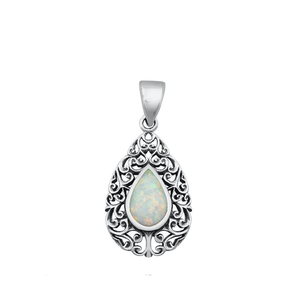 Sterling Silver White Synthetic Opal Vintage Style Teardrop Pendant Swirl Charm