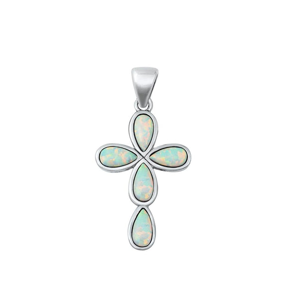 Sterling Silver White Synthetic Opal Teardrop Cross Pendant Faith Jesus Charm