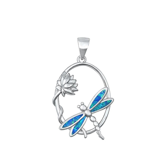 Sterling Silver Fashion Dragonfly Blue Synthetic Opal Pendant Cute Flower Charm