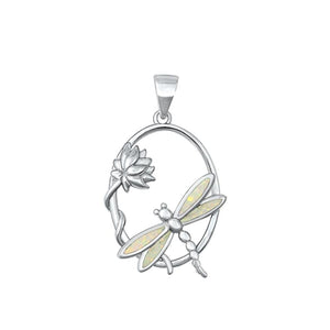 Sterling Silver Beautiful Dragonfly White Synthetic Opal Pendant Flower Charm